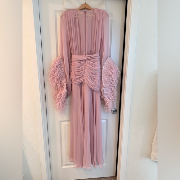 NWOT BRONX AND BANCO Geisha Pink Maxi Dress Elegant Feathered Gown - Picture 14 of 15